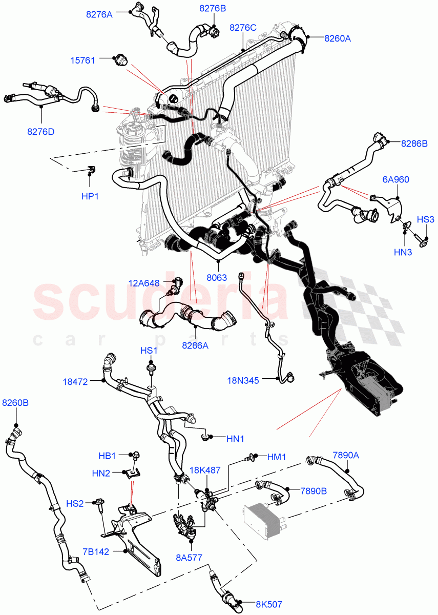 Cooling System Pipes And Hoses (3.0L AJ20D6 Diesel High, Less Engine Cooling System) ((V) FROMP2000001) of Land Rover Land Rover Defender (2020+) [3.0 I6 Turbo Diesel AJ20D6]