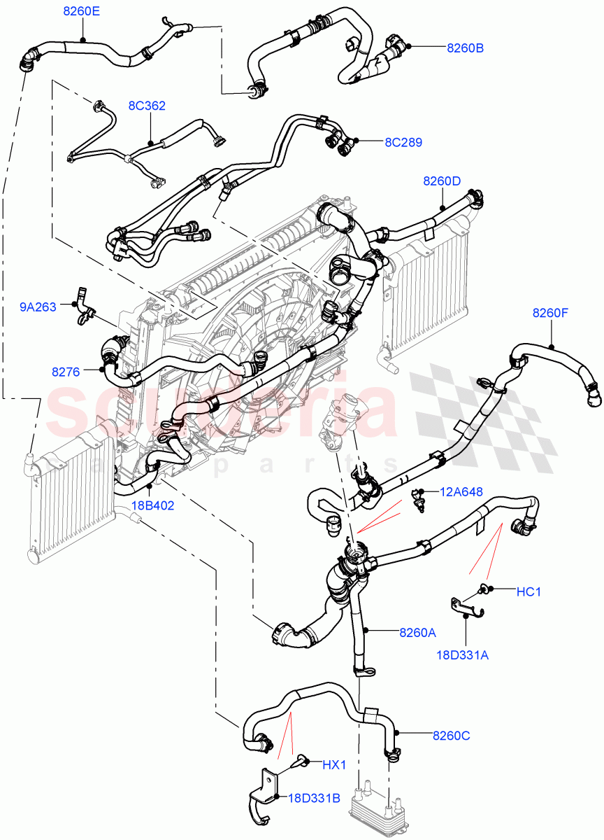 Cooling System Pipes And Hoses (5.0L P AJ133 DOHC CDA S/C Enhanced, With Extra Engine Cooling System) ((V) FROMKA000001) of Land Rover Land Rover Range Rover Velar (2017+) [5.0 OHC SGDI SC V8 Petrol]