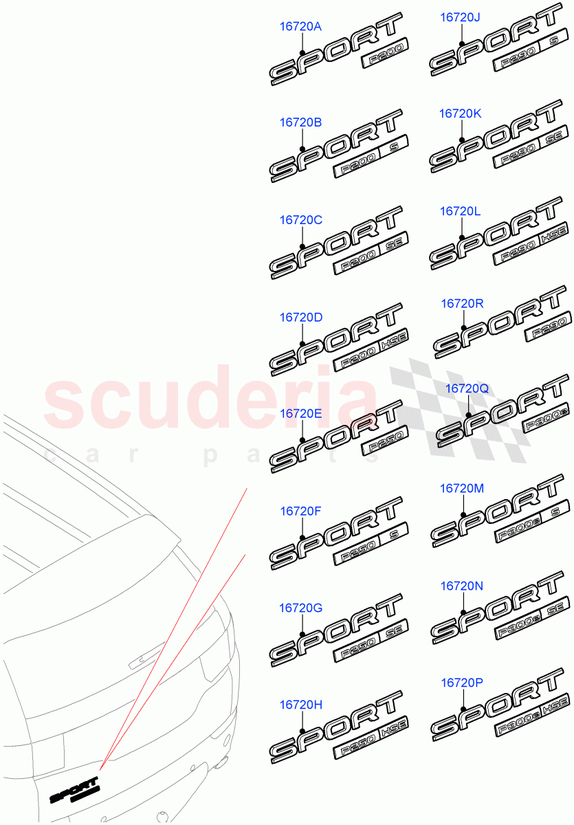 Name Plates(Halewood (UK),Badge-Engine Power Petrol 200 PS,Badge-Engine Power Petrol 300E PS,Badge-Engine Power Petrol 250 PS,Badge-Engine Power Petrol 290 PS)((V)FROMLH000001) of Land Rover Land Rover Discovery Sport (2015+) [2.0 Turbo Diesel]