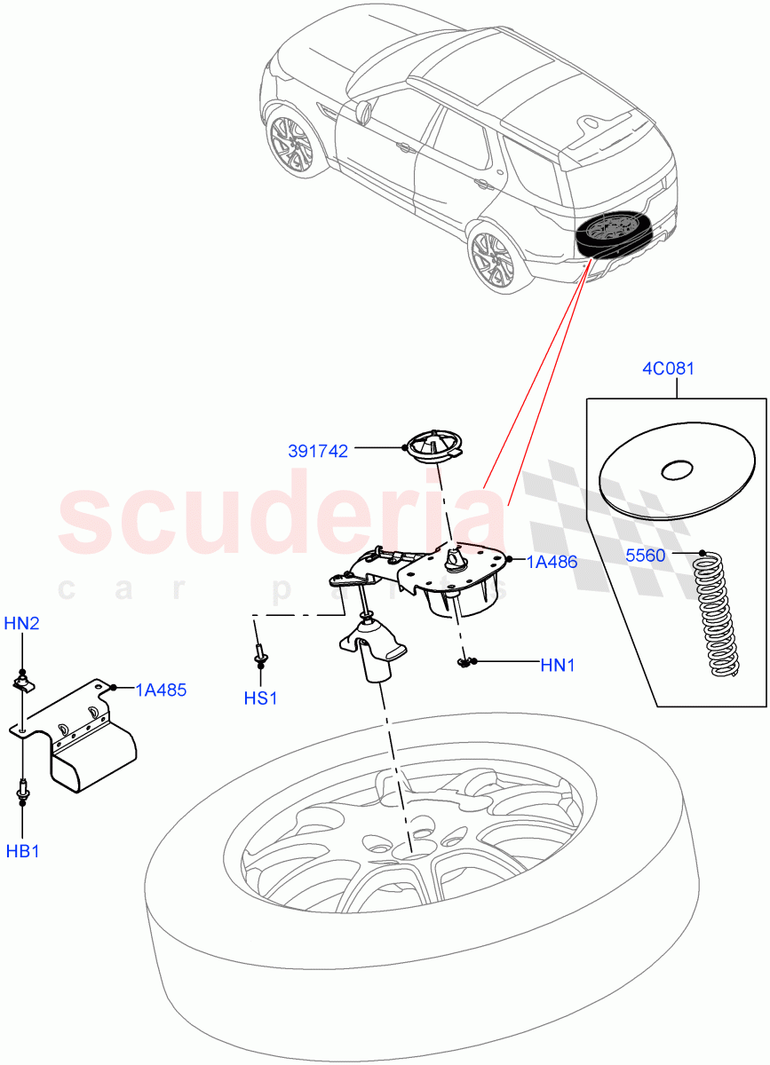 Spare Wheel Carrier(Nitra Plant Build)(22" Full Size Spare Wheel,With Mini Alloy Spare Wheel,20" Full Size Spare Wheel,21" Full Size Spare Wheel,19" Full Size Spare Wheel)((V)FROMK2000001) of Land Rover Land Rover Discovery 5 (2017+) [3.0 DOHC GDI SC V6 Petrol]