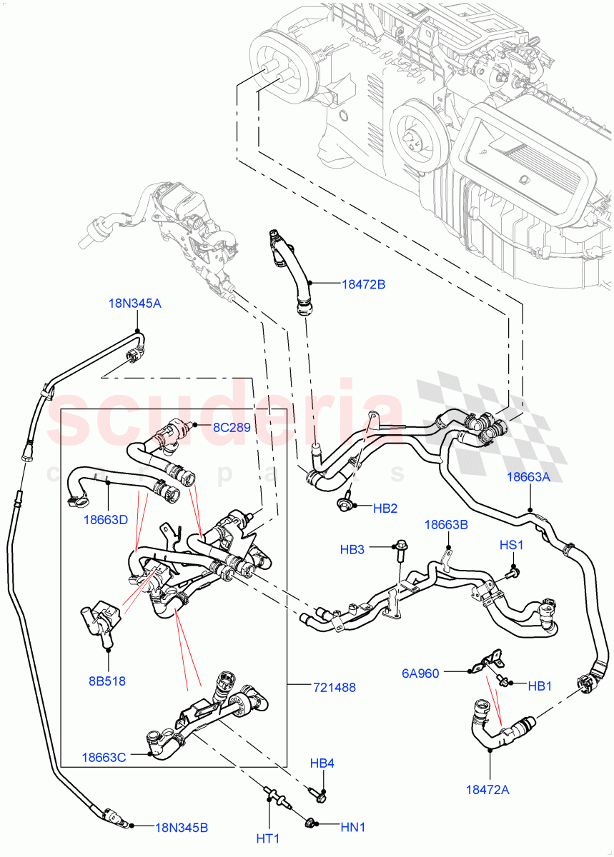 Heater Hoses(2.0L I4 High DOHC AJ200 Petrol,With Fuel Fired Heater,With Manual Air Conditioning,Premium Air Conditioning-Front/Rear,With Front Comfort Air Con (IHKA))((V)FROMJA000001,(V)TOJA999999) of Land Rover Land Rover Discovery 5 (2017+) [2.0 Turbo Petrol AJ200P]