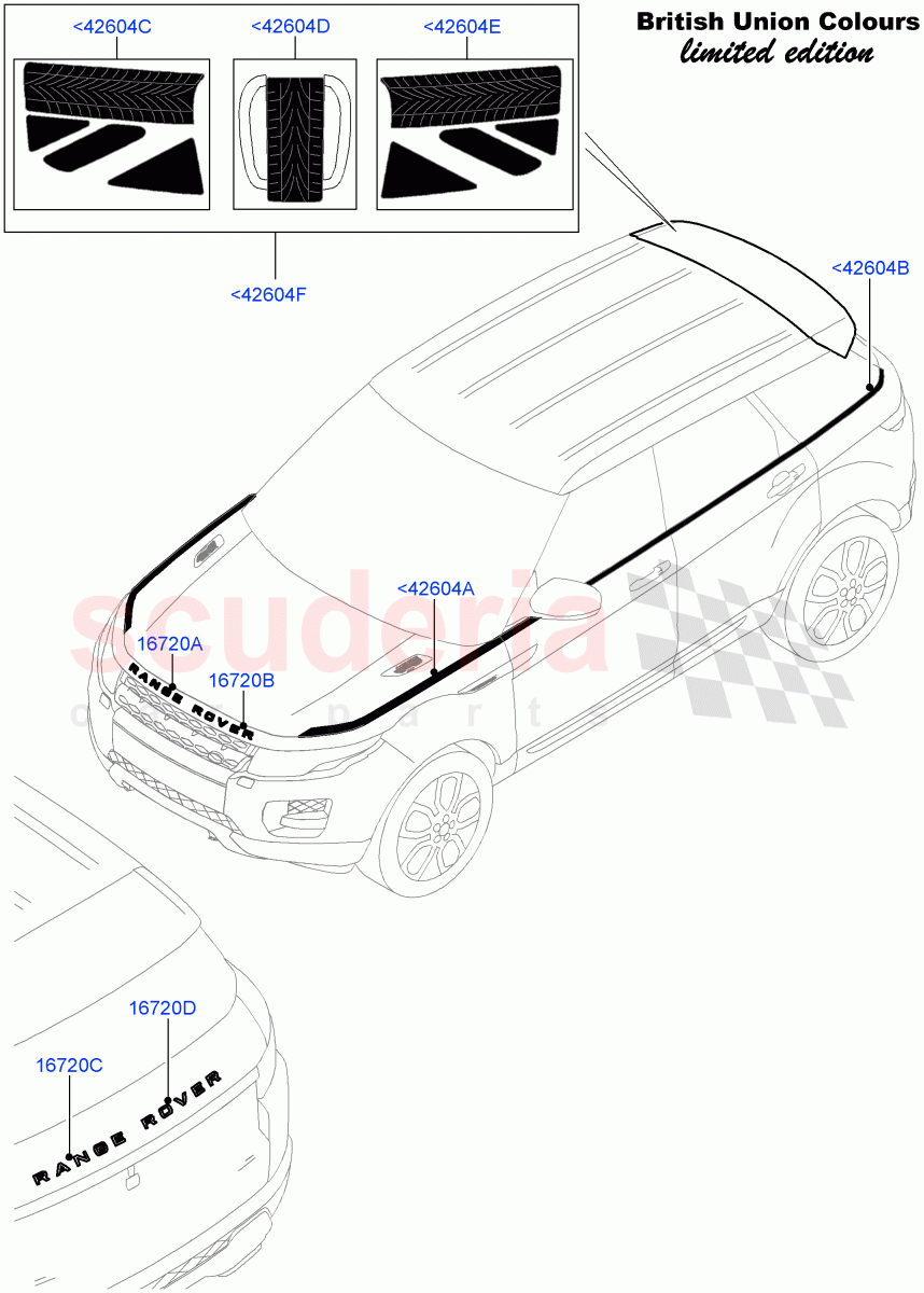 Name Plates(Union Mono Colours LE, Union Colours LE, Decal Stripes)(Halewood (UK))((V)FROMFH000001,(V)TOFH999999) of Land Rover Land Rover Range Rover Evoque (2012-2018) [2.0 Turbo Petrol GTDI]