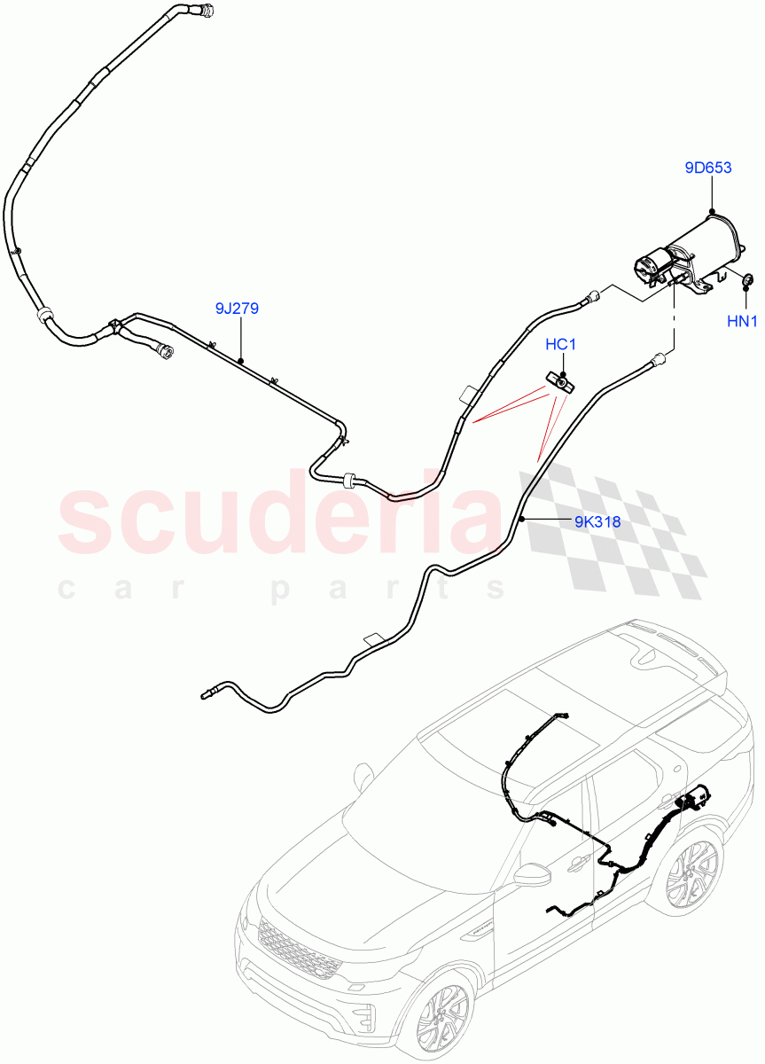 Fuel Lines(Solihull Plant Build, Rear)(3.0L DOHC GDI SC V6 PETROL,Narrow Filler Neck - Unleaded,Fuel Tank Filler Neck - Unleaded)((V)FROMHA000001,(V)TOJA999999) of Land Rover Land Rover Discovery 5 (2017+) [3.0 DOHC GDI SC V6 Petrol]