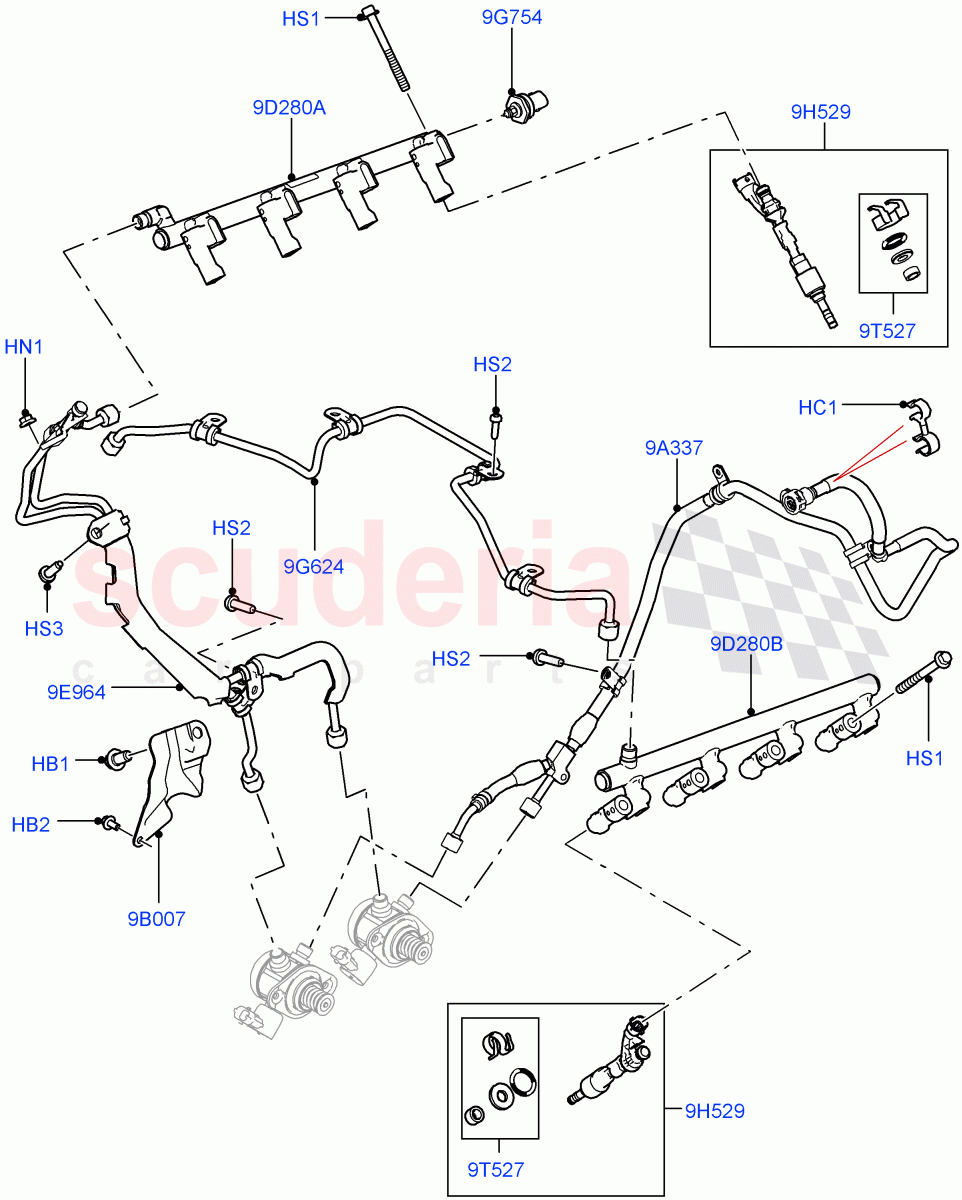 Fuel Injectors And Pipes(5.0 Petrol AJ133 DOHC CDA,5.0L P AJ133 DOHC CDA S/C Enhanced)((V)FROMJA000001) of Land Rover Land Rover Range Rover Sport (2014+) [5.0 OHC SGDI SC V8 Petrol]