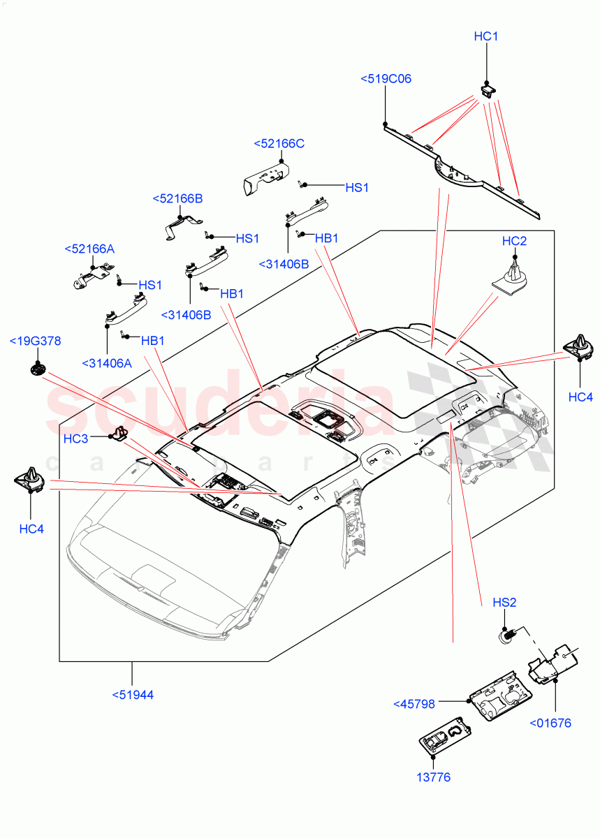 Headlining And Sun Visors (Nitra Plant Build) (Roof Conv-Power Open Front/Rear Pan, With Third Row Power Folding Seat, With 5 Seat Configuration, With 3rd Row Double Seat, With 7 Seat Configuration, Roof Conv-Front And Rear Panoramic, Less 3rd Row Rear Seat) ((V) FROMK2000001) of Land Rover Land Rover Discovery 5 (2017+) [3.0 I6 Turbo Diesel AJ20D6]