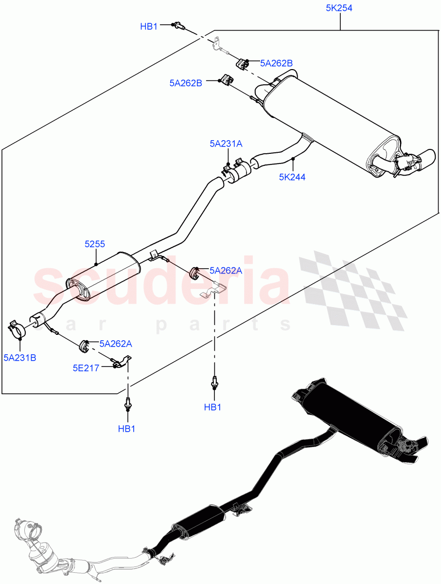 Rear Exhaust System (2.0L I4 Mid AJ200 Petrol E100, Itatiaia (Brazil), 2.0L I4 Mid DOHC AJ200 Petrol) ((V) FROMJT000001) of Land Rover Land Rover Range Rover Evoque (2012-2018) [2.0 Turbo Petrol AJ200P]