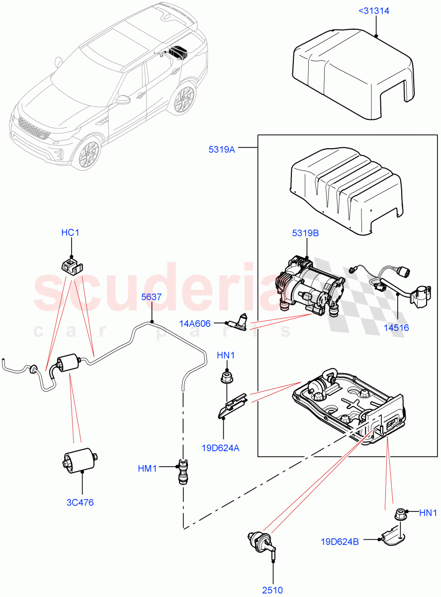 Air Suspension Compressor And Lines(Solihull Plant Build, Compressor Assy)(With Four Corner Air Suspension)((V)FROMHA000001) of Land Rover Land Rover Discovery 5 (2017+) [3.0 I6 Turbo Diesel AJ20D6]