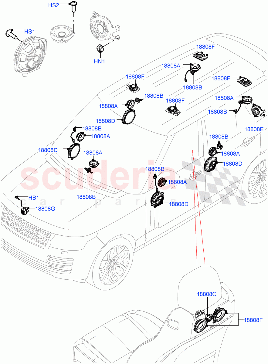 Speakers(Long Wheelbase,Super Premium Audio 2500 W)((V)FROMJA000001) of Land Rover Land Rover Range Rover (2012-2021) [5.0 OHC SGDI NA V8 Petrol]
