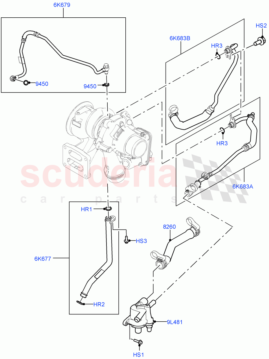 Turbocharger(Lubrication And Cooling)(2.0L I4 High DOHC AJ200 Petrol,2.0L I4 Mid DOHC AJ200 Petrol,2.0L I4 Mid AJ200 Petrol E100)((V)FROMJH000001) of Land Rover Land Rover Discovery Sport (2015+) [2.0 Turbo Petrol AJ200P]