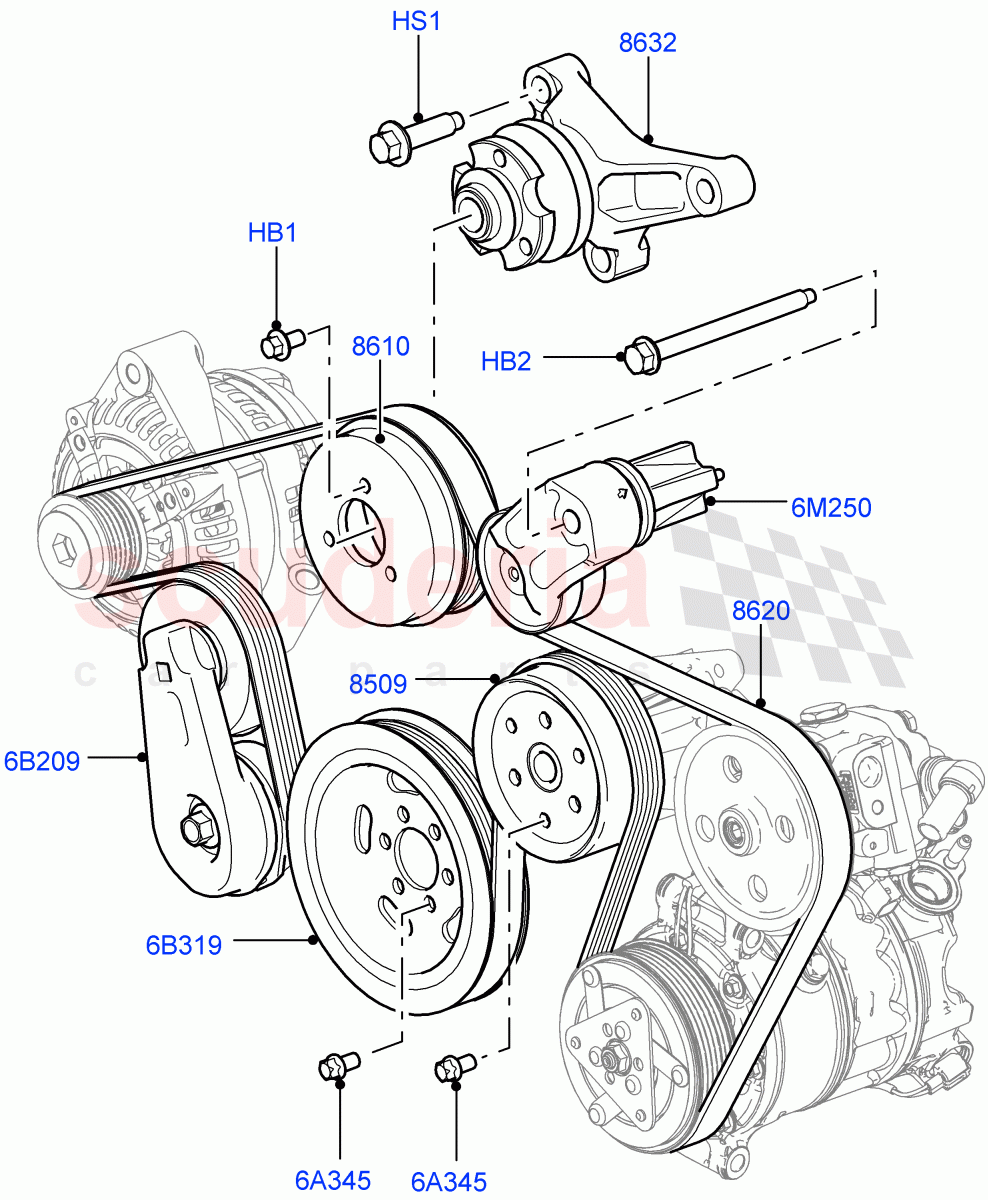 Pulleys And Drive Belts (Front) (3.0 V6 Diesel, Less Roll Stability Control, Less ACE Suspension) ((V) FROMAA000001) of Land Rover Land Rover Range Rover Sport (2010-2013) [3.0 Diesel 24V DOHC TC]