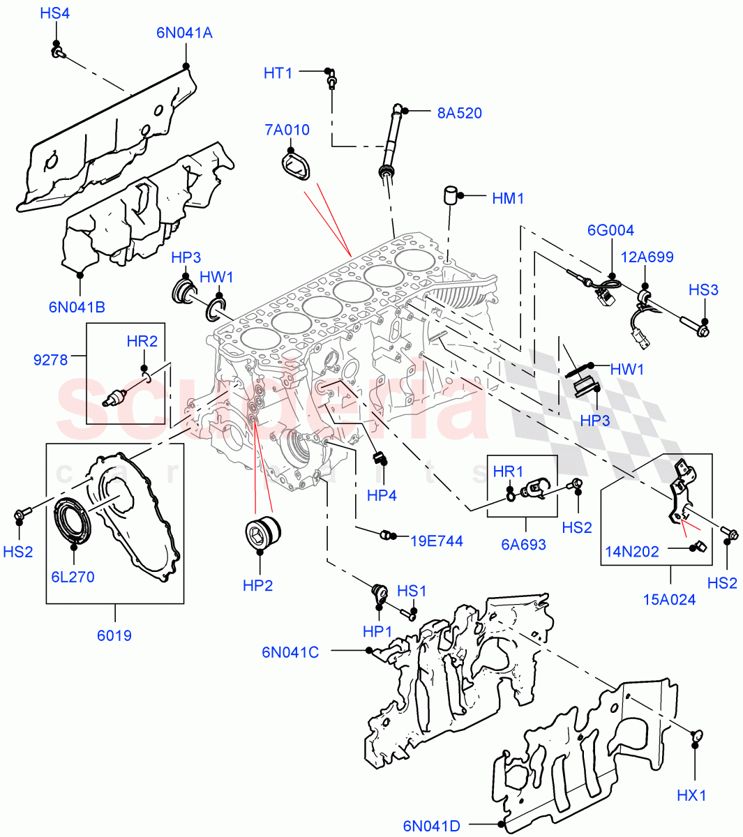 Cylinder Block And Plugs (3.0L AJ20P6 Petrol High, 3.0L AJ20P6 Petrol PHEV) of Land Rover Land Rover Range Rover (2022+) [3.0 I6 Turbo Petrol AJ20P6]