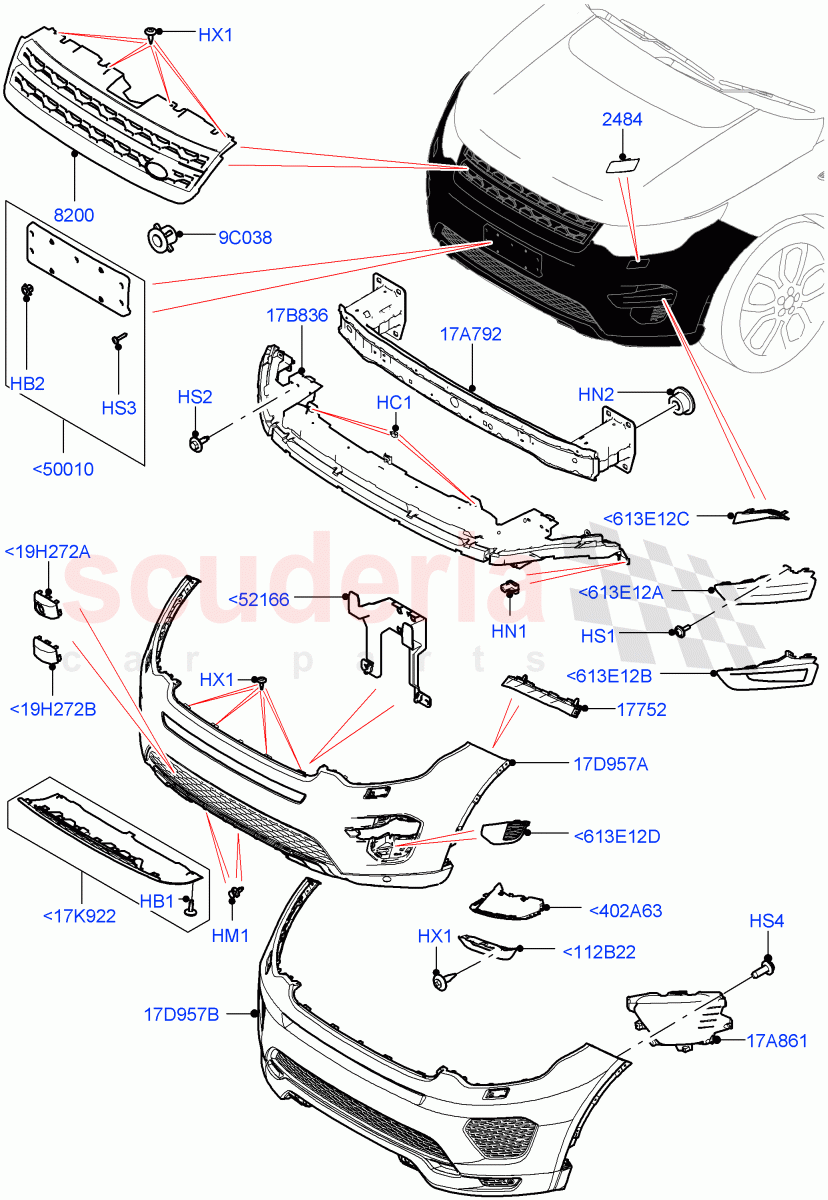 Radiator Grille And Front Bumper(Halewood (UK),Bumper-Aux Cooled Body Colour,Front Bumper - Painted Body Colour)((V)TOKH999999) of Land Rover Land Rover Discovery Sport (2015+) [1.5 I3 Turbo Petrol AJ20P3]