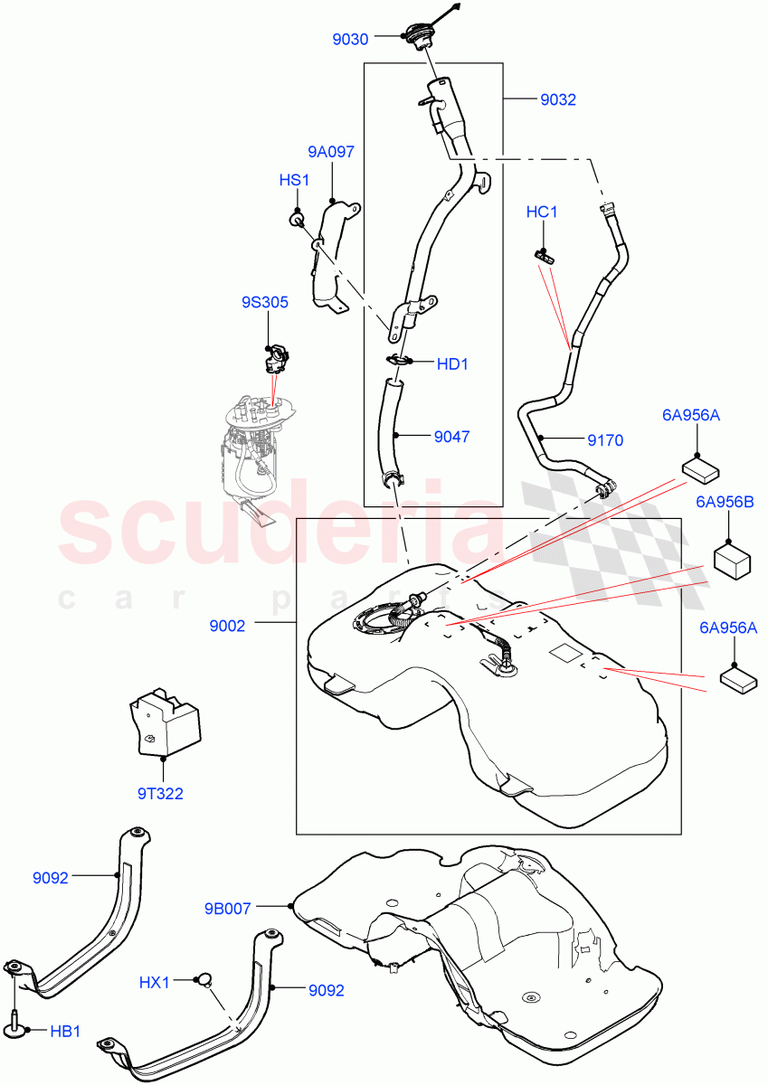 Fuel Tank & Related Parts (2.0L AJ20P4 Petrol E100 PTA, Itatiaia (Brazil), Pet Tank - Flex Fuel, Fuel Tank Filler Neck - Unleaded, Pet Tank W/O Leak Det - Std Filter, 2.0L AJ20P4 Petrol High PTA, 2.0L AJ20P4 Petrol Mid PTA) of Land Rover Land Rover Range Rover Evoque (2019+) [2.0 Turbo Petrol AJ200P]