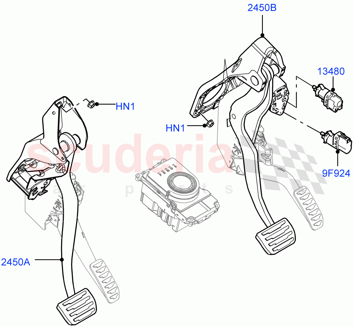 Brake And Clutch Controls (6 Speed Auto AWF21 AWD, Halewood (UK), Unique Met Finish Foot Pedals Pads, 9 Speed Auto AWD) of Land Rover Land Rover Range Rover Evoque (2012-2018) [2.0 Turbo Petrol AJ200P]
