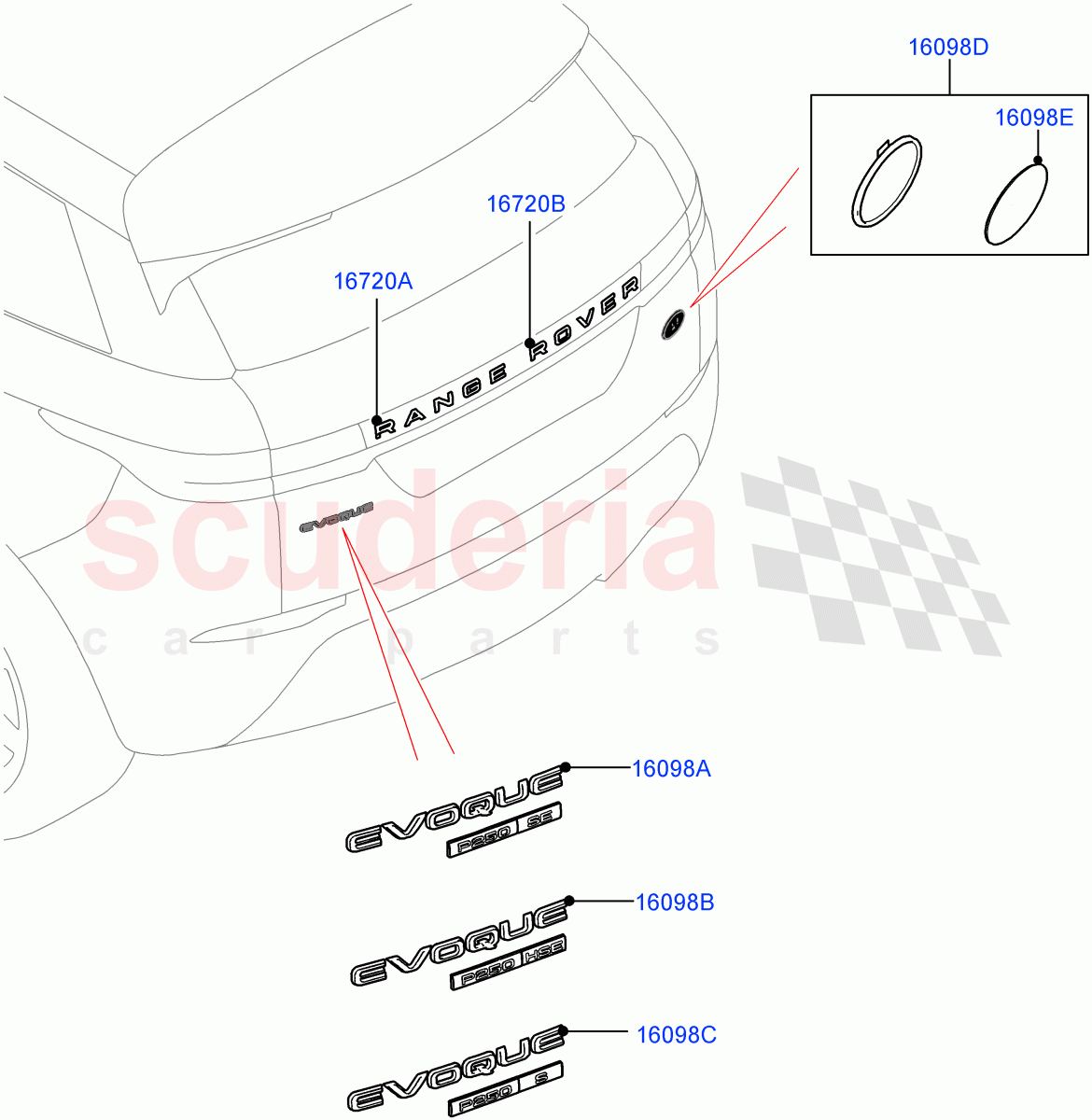 Name Plates(Rear)(Changsu (China),Trunk Badge-HSE,Trunk Badge - S,Trunk Badge-SE) of Land Rover Land Rover Range Rover Evoque (2019+) [2.0 Turbo Diesel AJ21D4]