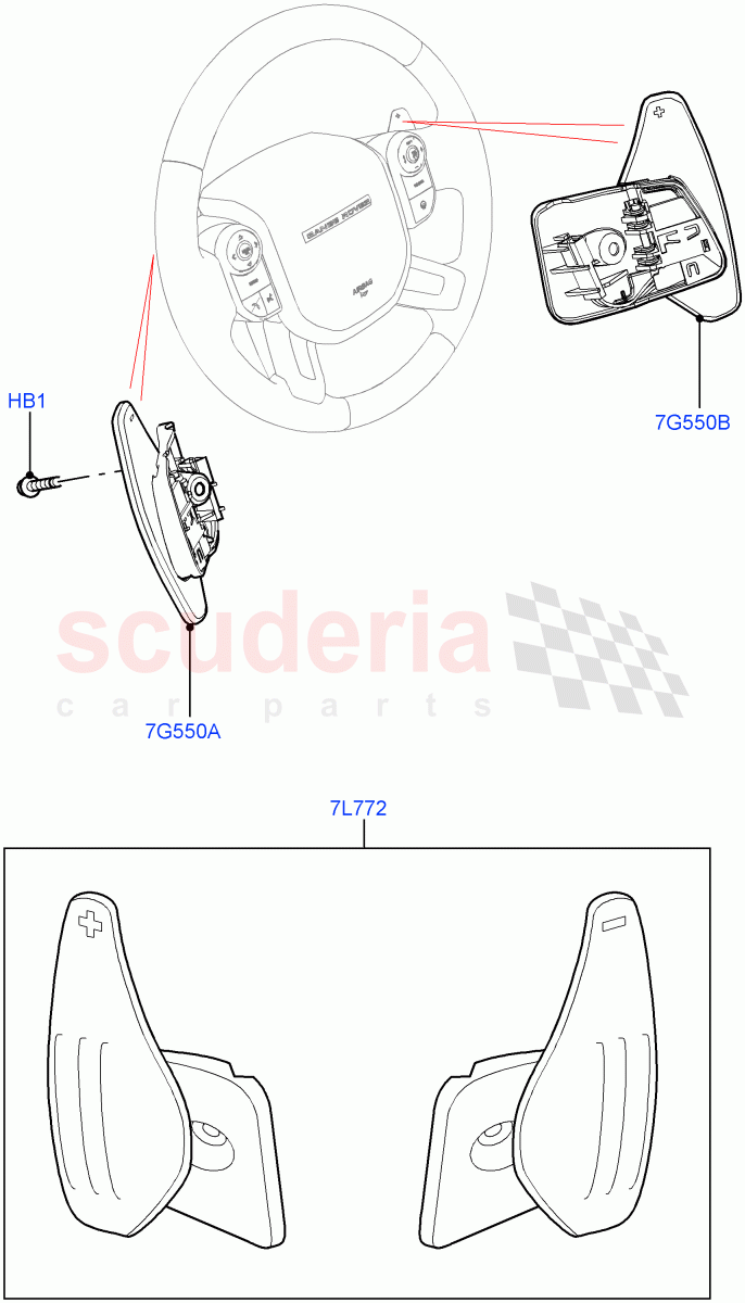 Gear Change-Automatic Transmission(Steering Wheel, Solihull Plant Build)(8 Speed Auto Trans ZF 8HP70 4WD,Paddle Shift - Noble,8 Speed Auto Trans ZF 8HP70 HEV 4WD,Paddle Shift,Paddle shift - Aluminium)((V)FROMAA000001) of Land Rover Land Rover Range Rover (2012-2021) [5.0 OHC SGDI NA V8 Petrol]