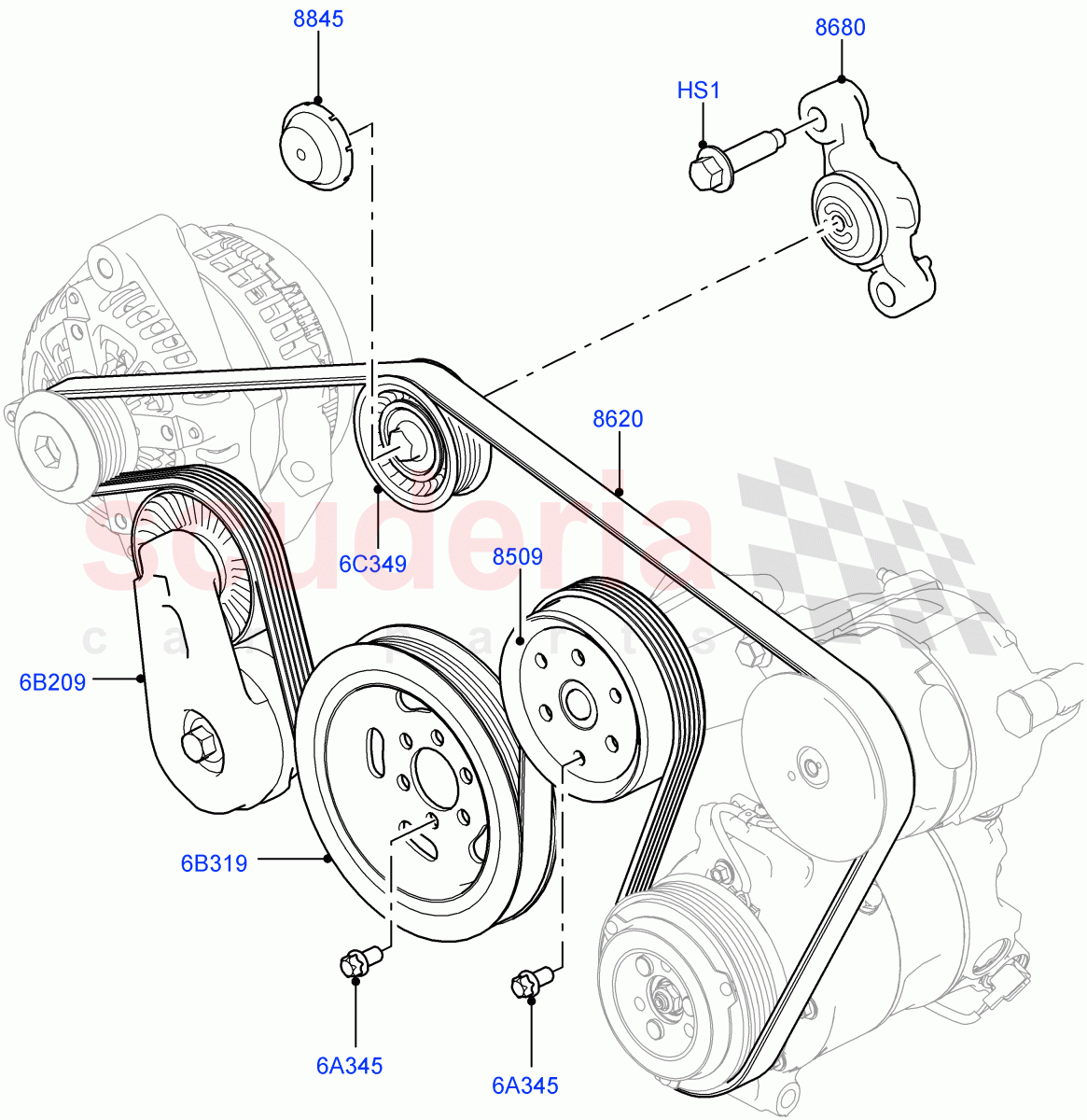 Pulleys And Drive Belts (Front) (3.0 V6 D Gen2 Mono Turbo, Electronic Air Suspension With ACE, Sport Suspension w/ARC, 3.0 V6 D Gen2 Twin Turbo, 3.0 V6 D Low MT ROW) ((V) FROMKA000001) of Land Rover Land Rover Range Rover Sport (2014+) [3.0 Diesel 24V DOHC TC]