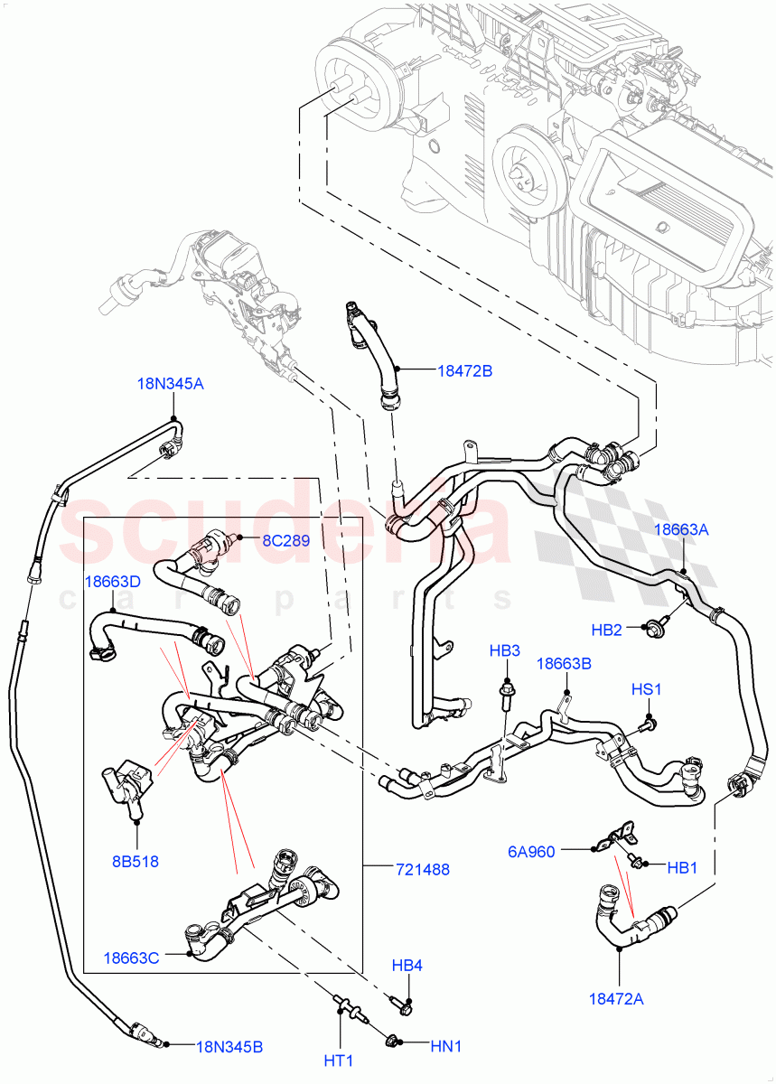 Heater Hoses(Solihull Plant Build)(2.0L I4 High DOHC AJ200 Petrol,With Fuel Fired Heater,With Air Conditioning - Front/Rear)((V)FROMJA000001,(V)TOJA999999) of Land Rover Land Rover Discovery 5 (2017+) [2.0 Turbo Diesel]