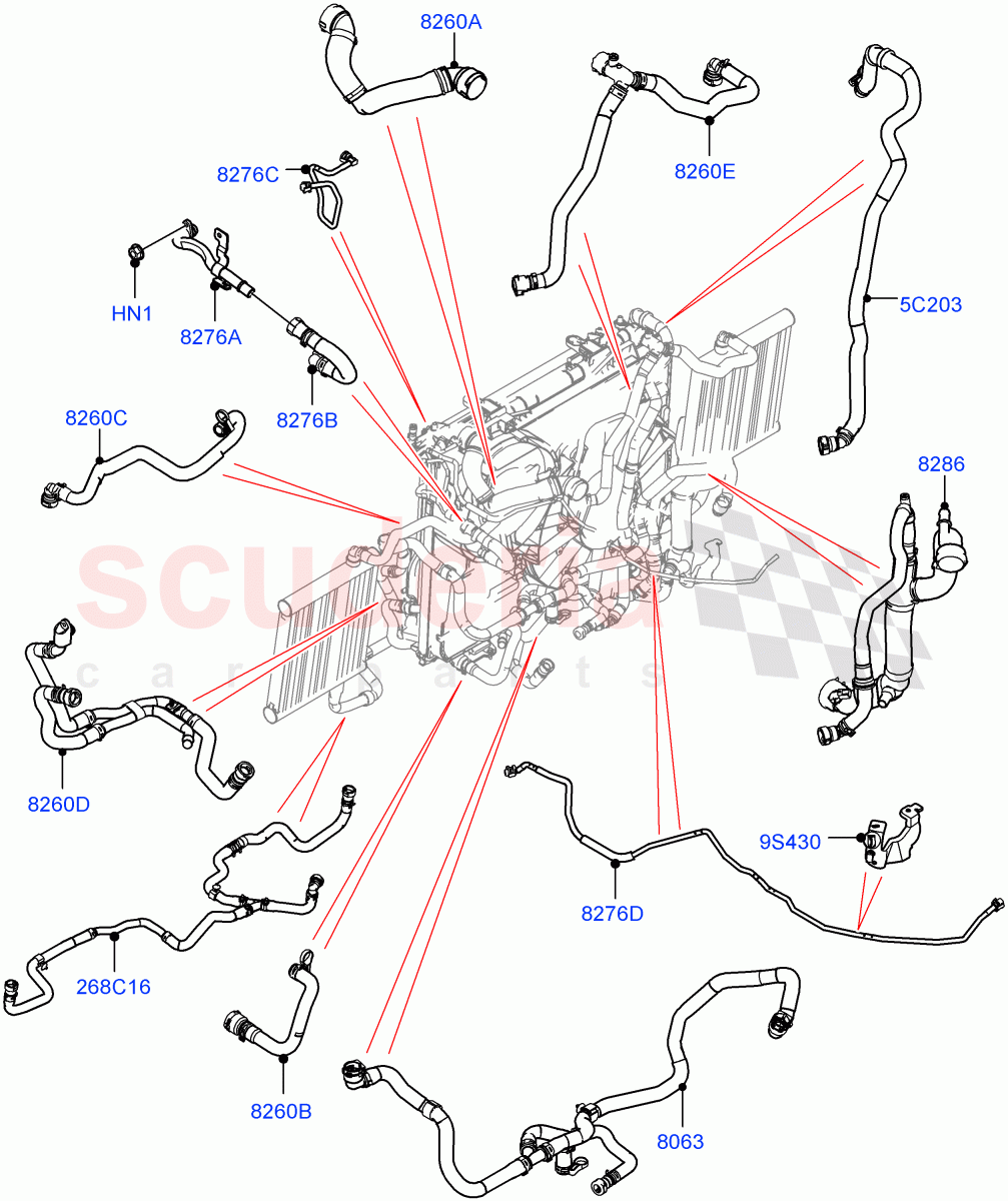 Cooling System Pipes And Hoses(Nitra Plant Build)(2.0L AJ200P Hi PHEV,With Extra Engine Cooling System)((V)FROMM2000001) of Land Rover Land Rover Defender (2020+) [2.0 Turbo Petrol AJ200P]