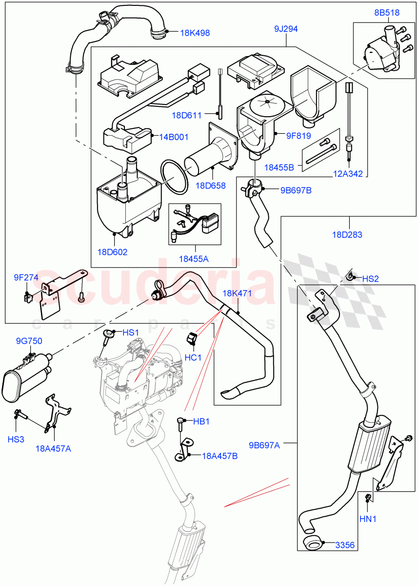 Auxiliary Fuel Fired Pre-Heater(Solihull Plant Build, Heater Components)(Less Auxiliary Coolant Pumps,With Fuel Fired Heater)((V)FROMHA000001,(V)TOHA999999) of Land Rover Land Rover Discovery 5 (2017+) [3.0 I6 Turbo Diesel AJ20D6]