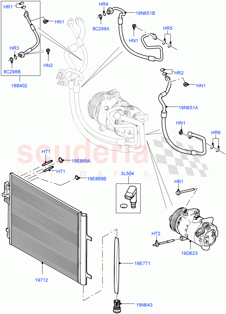 Air Conditioning Condensr/Compressr (2.0L I4 DSL MID DOHC AJ200, Halewood (UK), 2.0L I4 Mid DOHC AJ200 Petrol, 2.0L I4 High DOHC AJ200 Petrol, 2.0L I4 DSL HIGH DOHC AJ200, 2.0L I4 Mid AJ200 Petrol E100) ((V) FROMGH000001) of Land Rover Land Rover Discovery Sport (2015+) [2.0 Turbo Petrol GTDI]