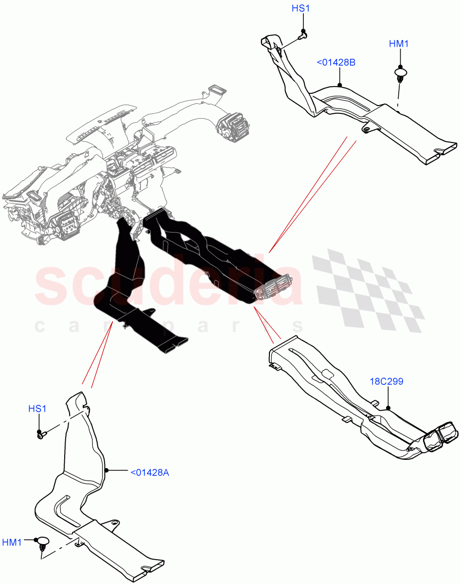 Air Vents, Louvres And Ducts (Internal Components, Floor) (With Front Comfort Air Con (IHKA)) ((V) TOMA999999) of Land Rover Land Rover Range Rover Velar (2017+) [3.0 Diesel 24V DOHC TC]
