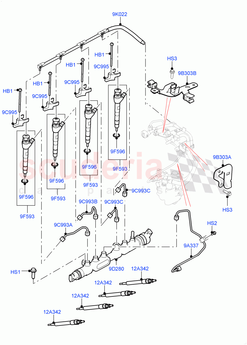Fuel Injectors And Pipes (2.0L I4 DSL MID DOHC AJ200, 2.0L I4 DSL HIGH DOHC AJ200) of Land Rover Land Rover Range Rover Velar (2017+) [2.0 Turbo Diesel]
