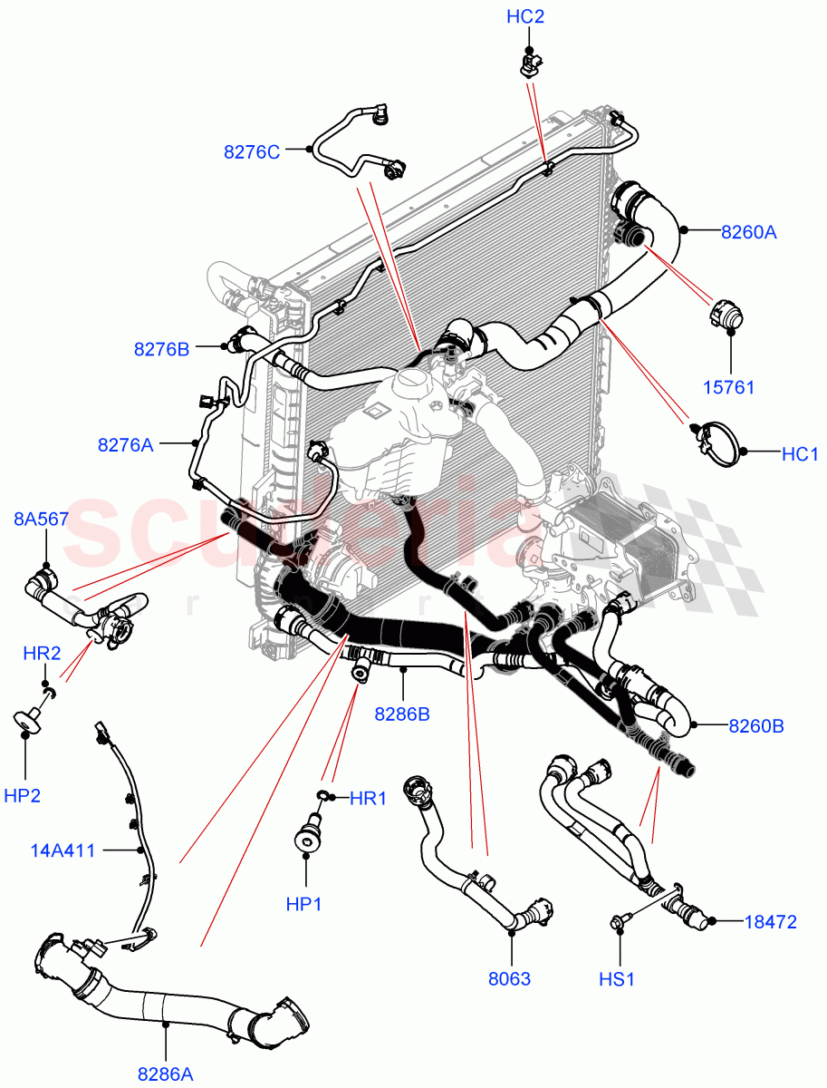 Cooling System Pipes And Hoses (3.0L AJ20D6 Diesel High, Less Engine Cooling System) of Land Rover Land Rover Range Rover (2022+) [3.0 I6 Turbo Diesel AJ20D6]