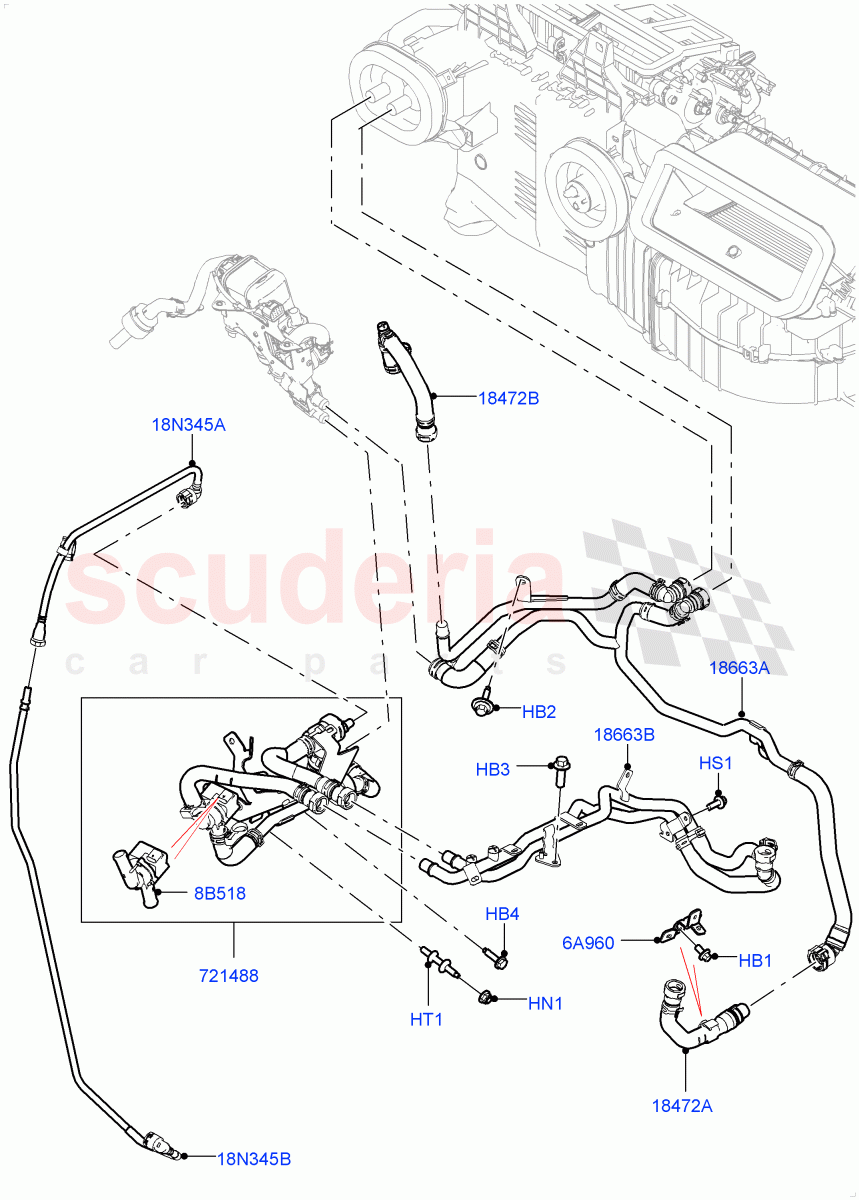 Heater Hoses(Solihull Plant Build)(2.0L I4 High DOHC AJ200 Petrol,With Fuel Fired Heater,With Manual Air Conditioning,Fuel Heater W/Pk Heat With Remote,With Front Comfort Air Con (IHKA),With Air Conditioning - Front/Rear,Fuel Fired Heater With Park Heat)((V)FROMKA000001) of Land Rover Land Rover Discovery 5 (2017+) [2.0 Turbo Petrol AJ200P]