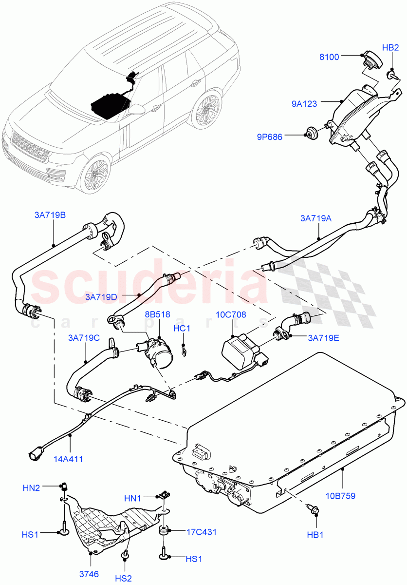 Hybrid Electrical Modules (Battery And Cooling) (3.0 V6 D Gen2 Twin Turbo, 8 Speed Auto Trans ZF 8HP70 HEV 4WD, 3.0 V6 D Gen2 Mono Turbo, 3.0 V6 Diesel Electric Hybrid Eng) ((V) FROMEA000001) of Land Rover Land Rover Range Rover (2012-2021) [3.0 I6 Turbo Petrol AJ20P6]