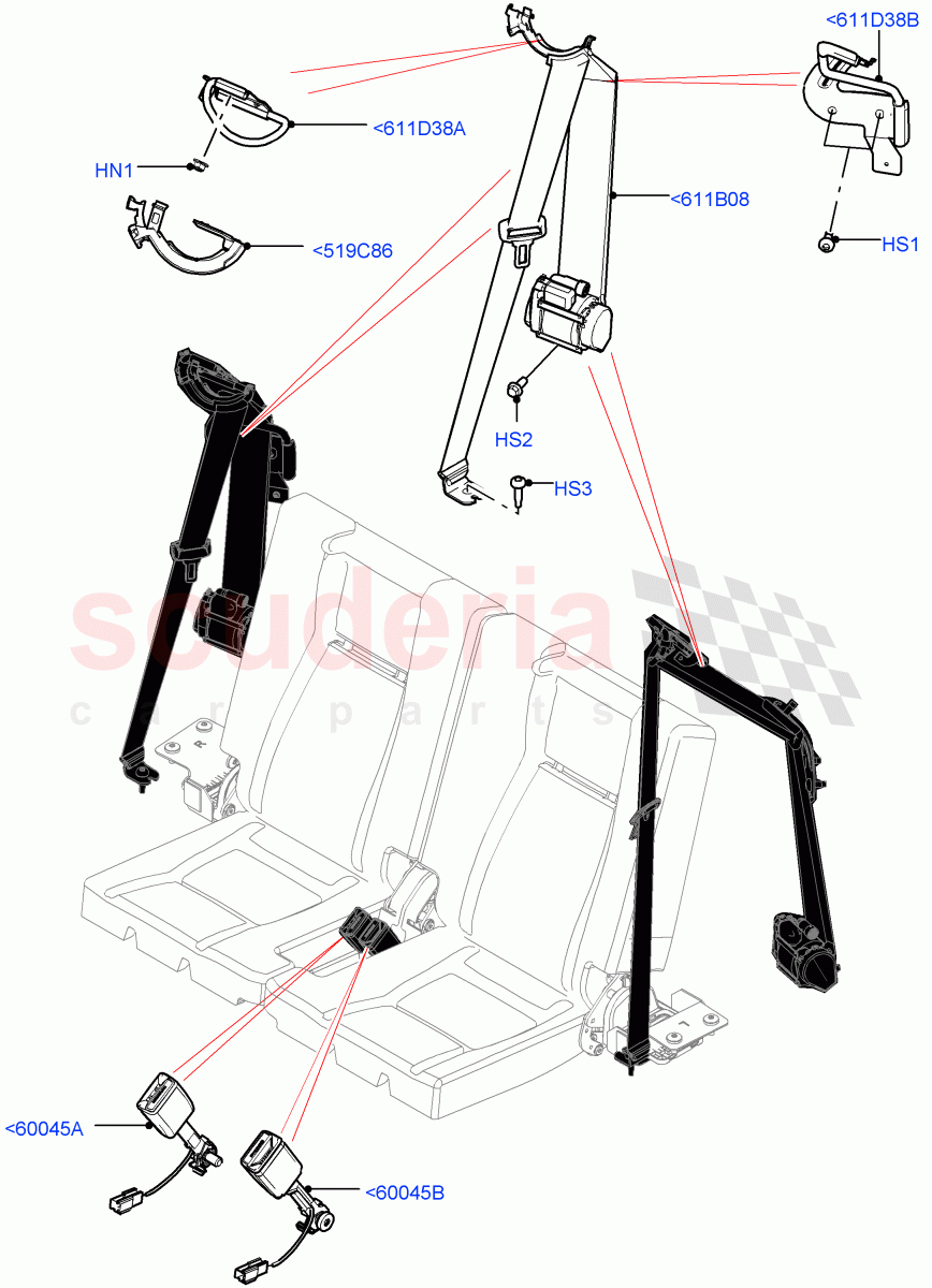 Rear Seat Belts(Itatiaia (Brazil),60/40 Load Through With Slide,Third Row Dual Individual Seat)((V)FROMGT000001) of Land Rover Land Rover Discovery Sport (2015+) [2.2 Single Turbo Diesel]