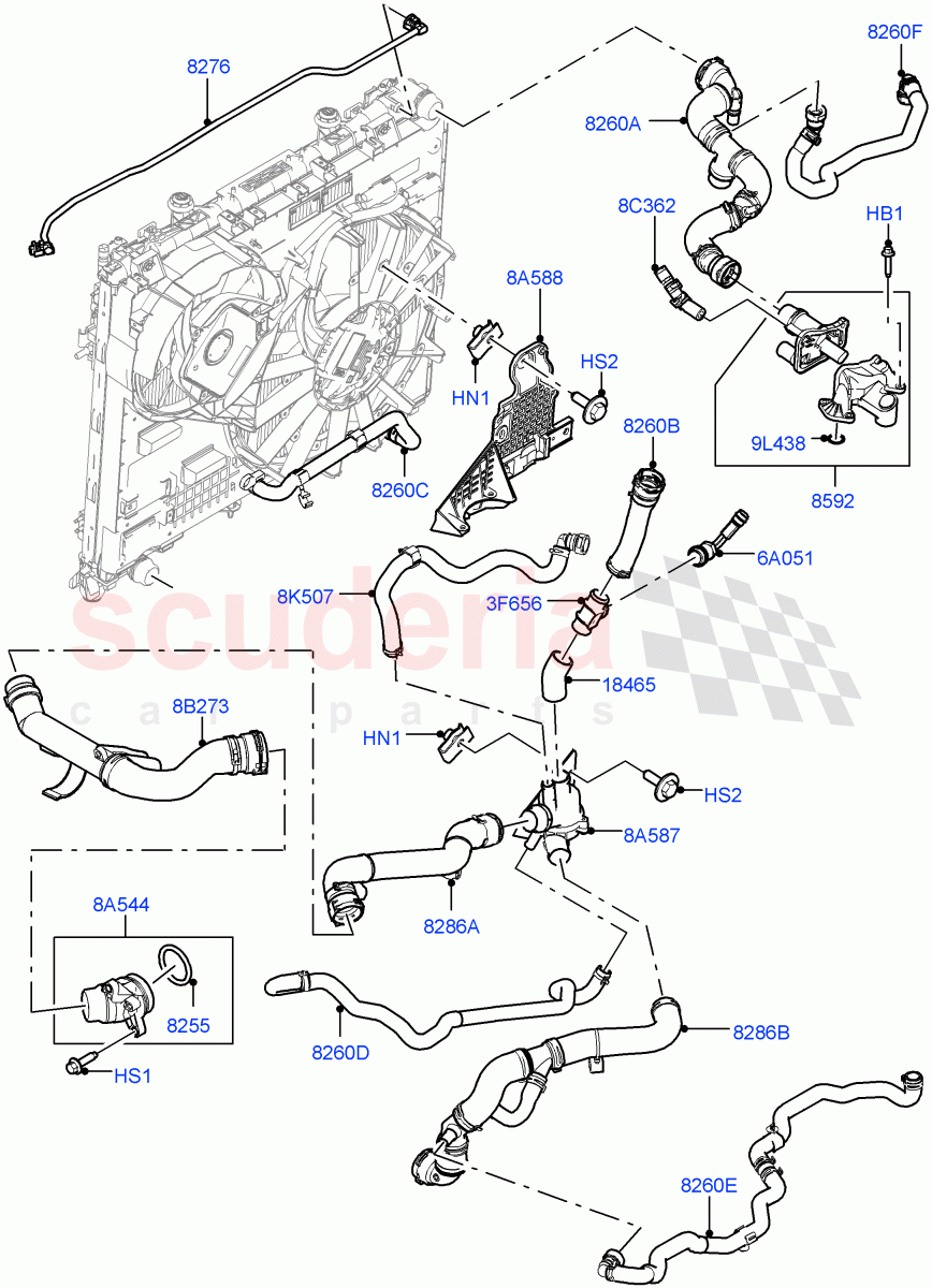 Cooling System Pipes And Hoses (Solihull Plant Build, Engine) (3.0 V6 D Low MT ROW, Immersion Heater - 700W / 110V) ((V) FROMKA000001) of Land Rover Land Rover Range Rover Sport (2014+) [3.0 Diesel 24V DOHC TC]