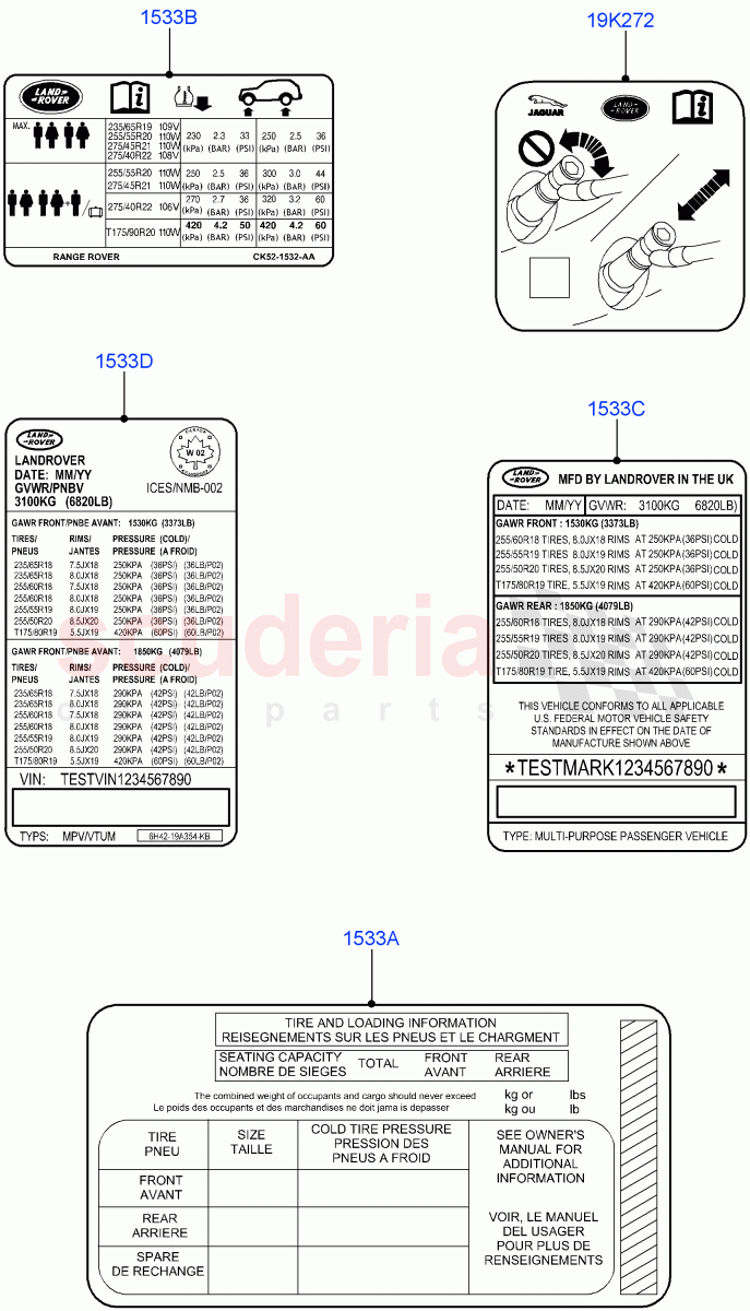 Labels (Tyre Pressure Label, Nitra Plant Build) ((V) FROMK2000001) of Land Rover Land Rover Discovery 5 (2017+) [2.0 Turbo Petrol AJ200P]