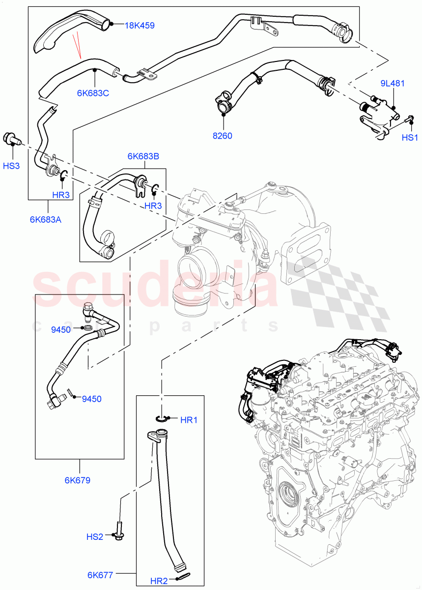 Turbocharger(Lubrication And Cooling, Nitra Plant Build)(2.0L I4 High DOHC AJ200 Petrol,2.0L AJ200P Hi PHEV)((V)FROMK2000001) of Land Rover Land Rover Discovery 5 (2017+) [2.0 Turbo Petrol AJ200P]