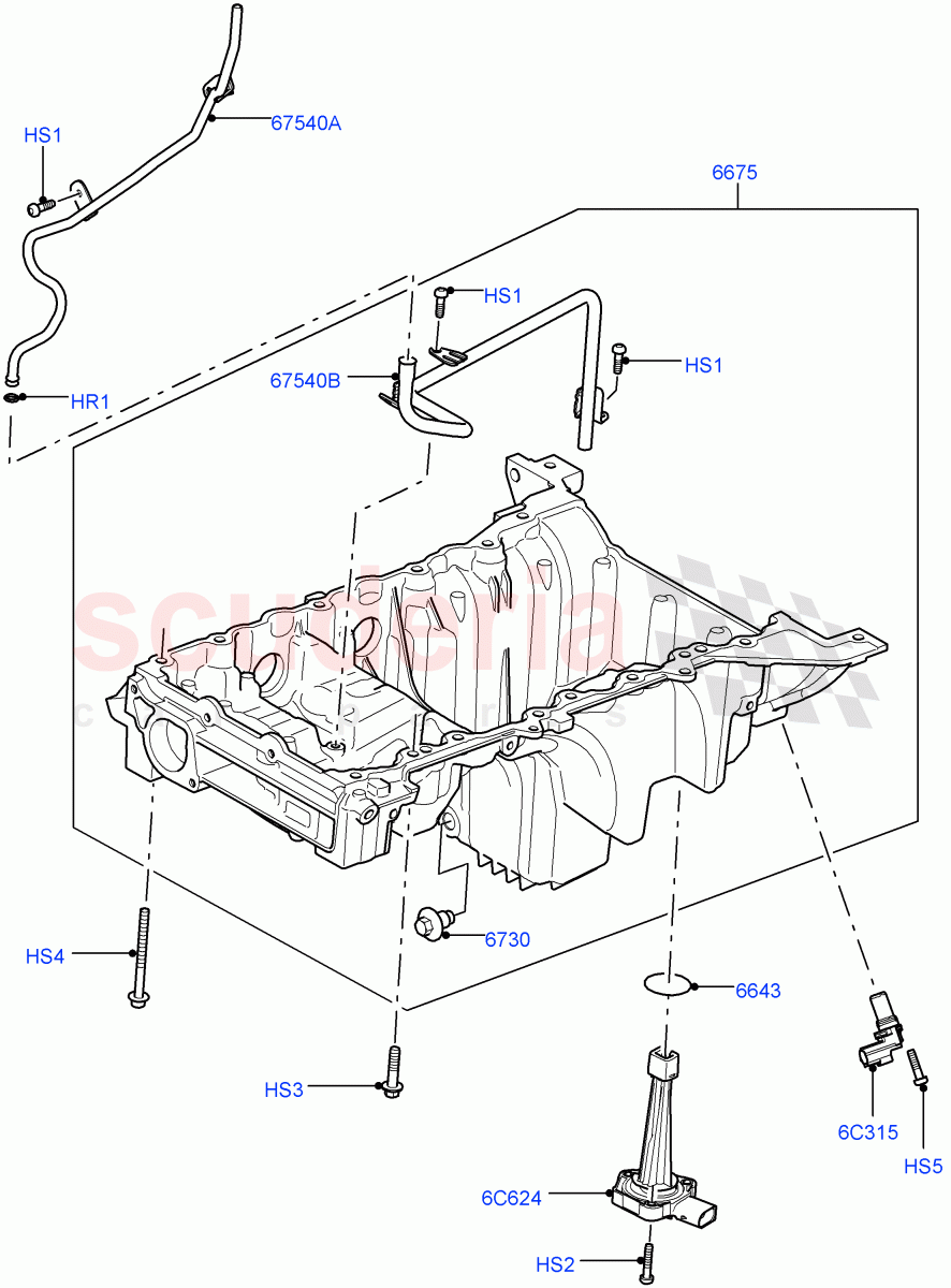Oil Pan/Oil Level Indicator (Solihull Plant Build) (3.0L DOHC GDI SC V6 PETROL) ((V) FROMEA000001) of Land Rover Land Rover Discovery 5 (2017+) [3.0 DOHC GDI SC V6 Petrol]