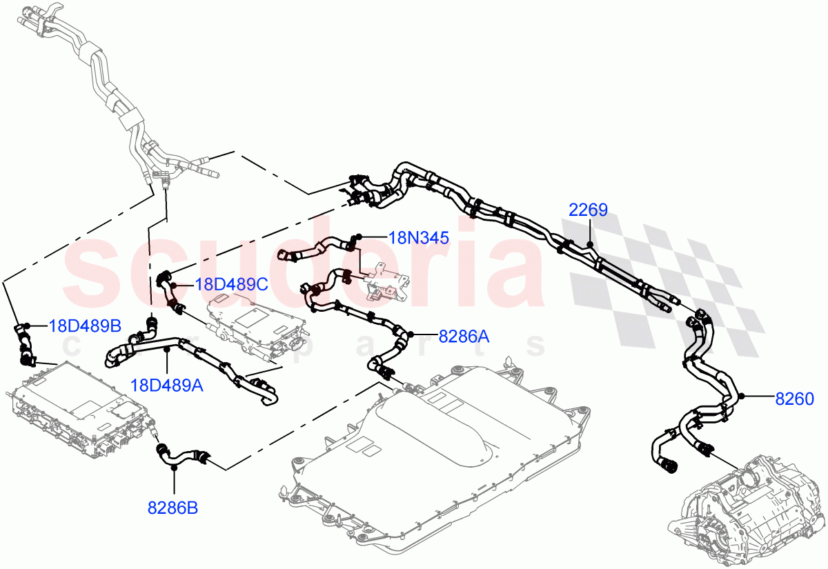 Cooling System Pipes And Hoses (Electric Unit, Rear Section) (1.5L AJ20P3 Petrol High PHEV, Halewood (UK)) ((V) FROMLH000001, (V) TOLH999999) of Land Rover Land Rover Range Rover Evoque (2019+) [1.5 I3 Turbo Petrol AJ20P3]