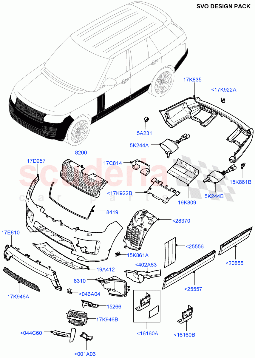 Exterior Body Styling Items (SVO Design Pack Service Components) (Standard Wheelbase, Diesel/Electric - Hybrid, Less Electric Engine Battery, With Front Fog Lamps, With Diesel Fuel Capability, For Unleaded Fuel) of Land Rover Land Rover Range Rover (2012-2021) [5.0 OHC SGDI SC V8 Petrol]