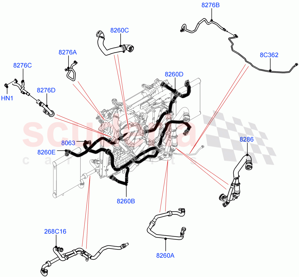 Cooling System Pipes And Hoses (Solihull Plant Build) (2.0L I4 High DOHC AJ200 Petrol) ((V) FROMKA000001, (V) TOLA999999) of Land Rover Land Rover Range Rover Sport (2014+) [2.0 Turbo Petrol AJ200P]