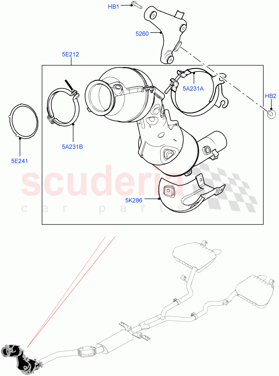 Front Exhaust System (2.0L I4 Mid DOHC AJ200 Petrol, SULEV Requirements, 2.0L I4 High DOHC AJ200 Petrol, L7 Emission - Brazil, Japan DBA Emissions) of Land Rover Land Rover Range Rover Velar (2017+) [2.0 Turbo Petrol AJ200P]