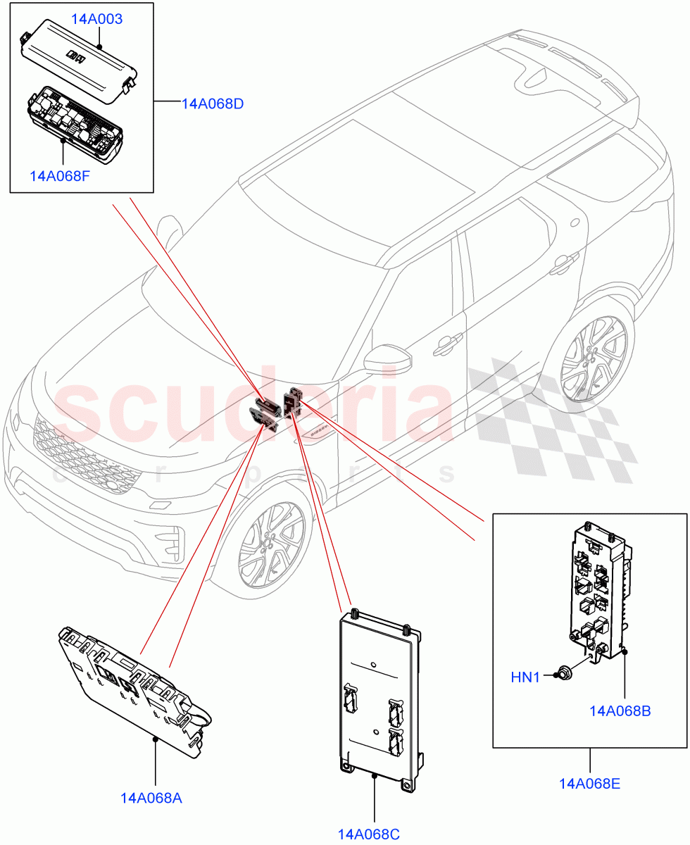 Fuses, Holders And Circuit Breakers (Solihull Plant Build, Front) ((V) FROMHA000001) of Land Rover Land Rover Discovery 5 (2017+) [3.0 Diesel 24V DOHC TC]