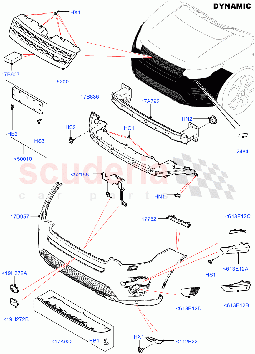 Radiator Grille And Front Bumper(Dynamic Pack)(Halewood (UK),Front Bumper - Sport - Body Colour)((V)FROMGH000001,(V)TOKH999999) of Land Rover Land Rover Discovery Sport (2015+) [2.0 Turbo Petrol AJ200P]