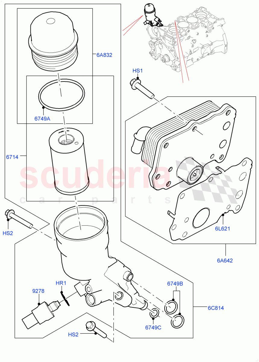 Oil Cooler And Filter (Solihull Plant Build) (2.0L I4 High DOHC AJ200 Petrol, 2.0L AJ200P Hi PHEV, 2.0L I4 Mid DOHC AJ200 Petrol) ((V) FROMHA000001) of Land Rover Land Rover Range Rover Sport (2014+) [2.0 Turbo Petrol AJ200P]