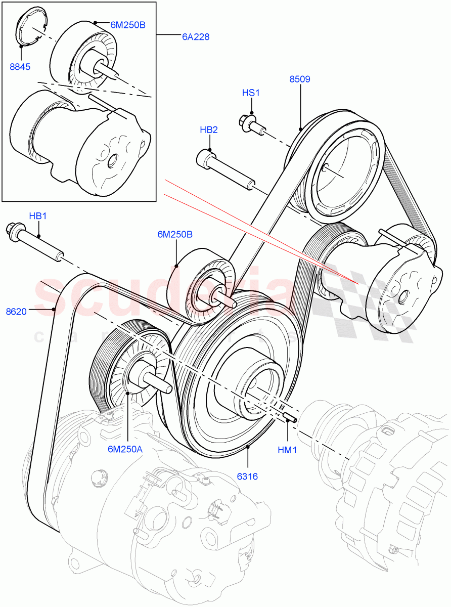 Pulleys And Drive Belts (2.0L AJ20P4 Petrol High PTA, Itatiaia (Brazil), Less Electric Engine Battery, 2.0L AJ20P4 Petrol E100 PTA, 2.0L AJ20P4 Petrol Mid PTA) of Land Rover Land Rover Range Rover Evoque (2019+) [2.0 Turbo Petrol AJ200P]