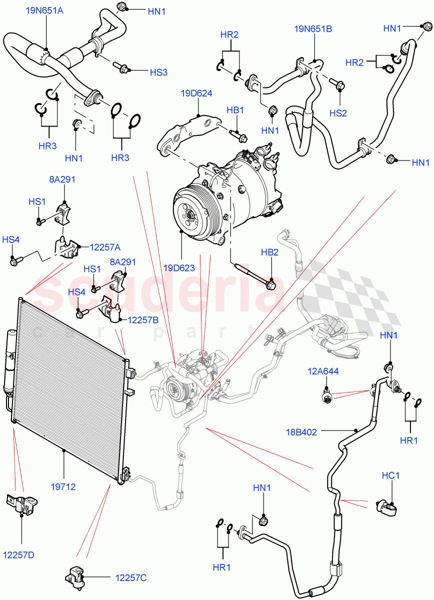 Air Conditioning Condensr/Compressr(Front, Nitra Plant Build)(3.0 V6 D Gen2 Mono Turbo,3.0 V6 D Gen2 Twin Turbo,3.0 V6 D Low MT ROW)((V)FROMK2000001,(V)TOL2999999) of Land Rover Land Rover Discovery 5 (2017+) [2.0 Turbo Petrol AJ200P]