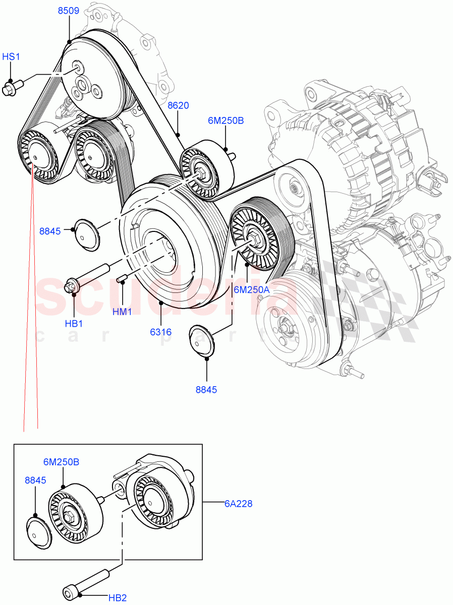Pulleys And Drive Belts (Solihull Plant Build) (2.0L I4 DSL MID DOHC AJ200, 2.0L I4 DSL HIGH DOHC AJ200) ((V) FROMHA000001) of Land Rover Land Rover Discovery 5 (2017+) [2.0 Turbo Diesel]