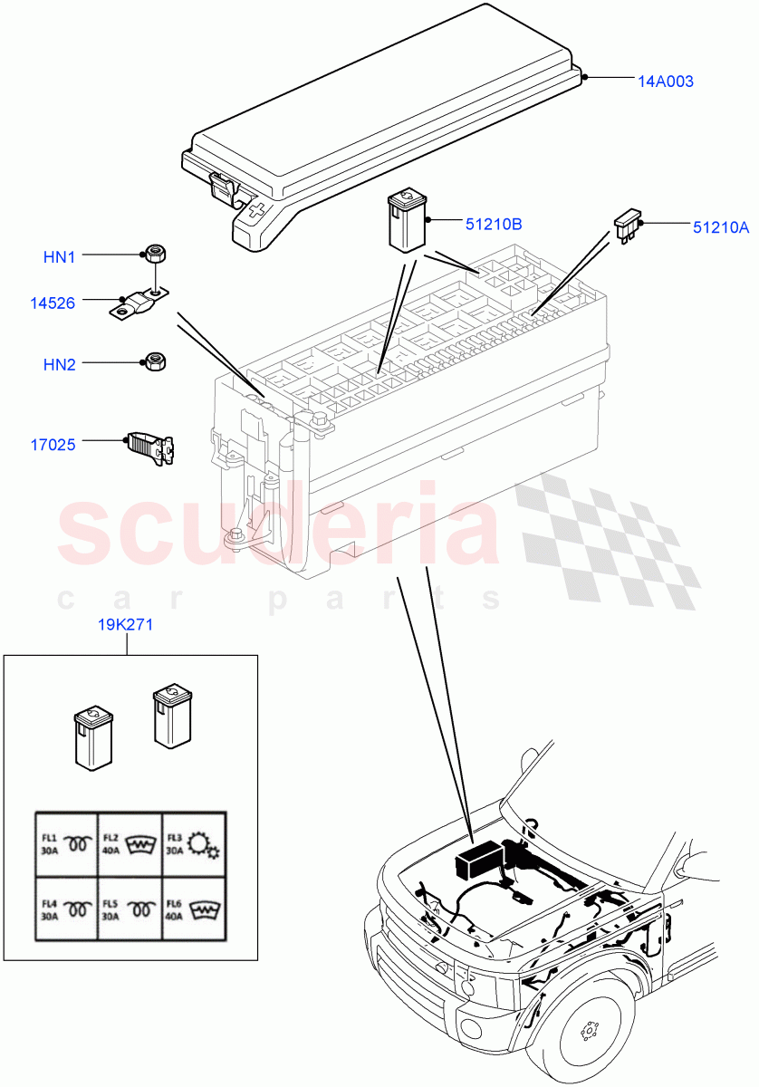 Fuses, Holders And Circuit Breakers(Engine Compartment)((V)FROMAA000001) of Land Rover Land Rover Discovery 4 (2010-2016) [3.0 Diesel 24V DOHC TC]