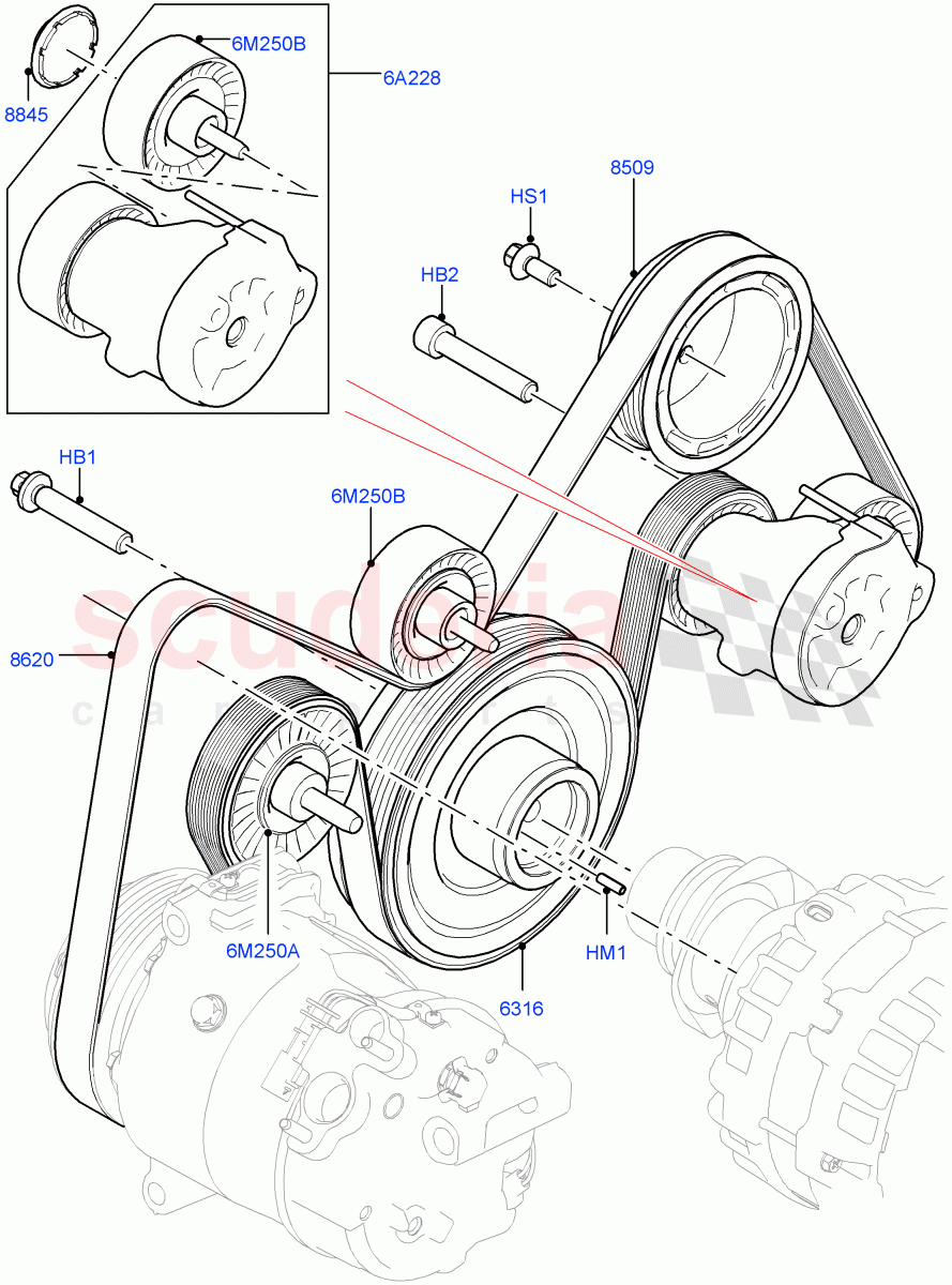 Pulleys And Drive Belts (2.0L I4 High DOHC AJ200 Petrol, 2.0L I4 Mid DOHC AJ200 Petrol, 2.0L I4 Mid AJ200 Petrol E100) ((V) FROMJH000001) of Land Rover Land Rover Range Rover Evoque (2012-2018) [2.0 Turbo Petrol AJ200P]