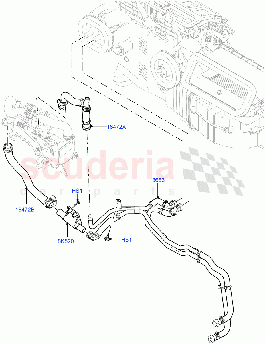 Heater Hoses(Solihull Plant Build)(2.0L I4 DSL HIGH DOHC AJ200,With Fuel Fired Heater,With Front Comfort Air Con (IHKA),Less Park Heating,2.0L I4 DSL MID DOHC AJ200,With Manual Air Conditioning)((V)FROMHA000001,(V)TOHA999999) of Land Rover Land Rover Discovery 5 (2017+) [2.0 Turbo Petrol AJ200P]