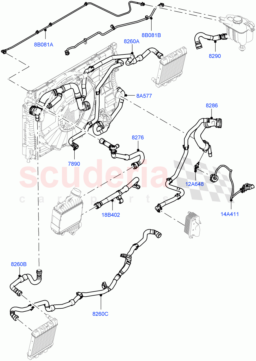 Cooling System Pipes And Hoses (2.0L AJ20P4 Petrol High PTA, Halewood (UK), Extra High Engine Cooling, Less Active Tranmission Warming) of Land Rover Land Rover Range Rover Evoque (2019+) [2.0 Turbo Petrol AJ200P]