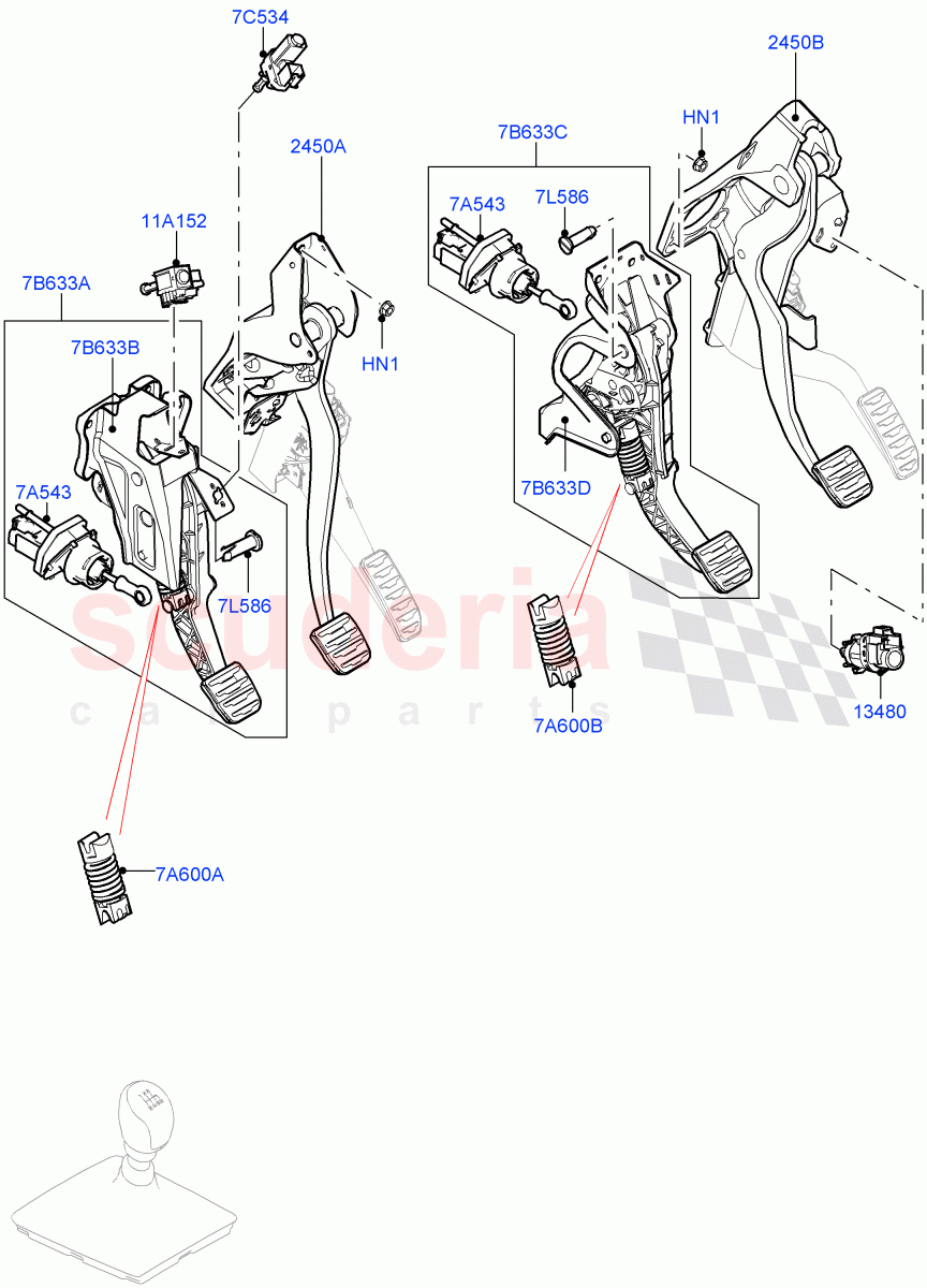 Brake And Clutch Controls (6 Speed Manual Trans M66 - AWD, Halewood (UK), Unique Met Finish Foot Pedals Pads, 6 Speed Manual Trans-JLR M66 2WD, 6 Speed Manual Trans BG6) ((V) FROMGH000001) of Land Rover Land Rover Discovery Sport (2015+) [2.0 Turbo Diesel AJ21D4]